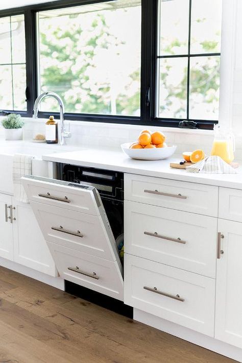 Hidden Dishwasher, Natural Oak Kitchen, Black Quartz Countertop, Flat Front Cabinets, Panel Ready Refrigerator, Over Kitchen Sink, White Wood Paneling, Small White Kitchens, Modern Black Kitchen