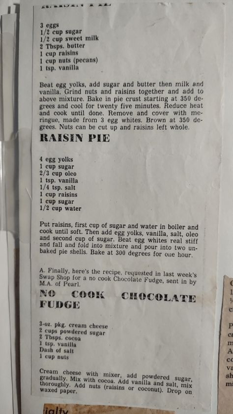 Choco Recipes, Brown Sugar Pie Recipe, Brown Sugar Pie, Annie Mae, Raisin Pie, Homemade Pie Recipes, Written Recipes, Pies Recipes, Grandma's Recipes