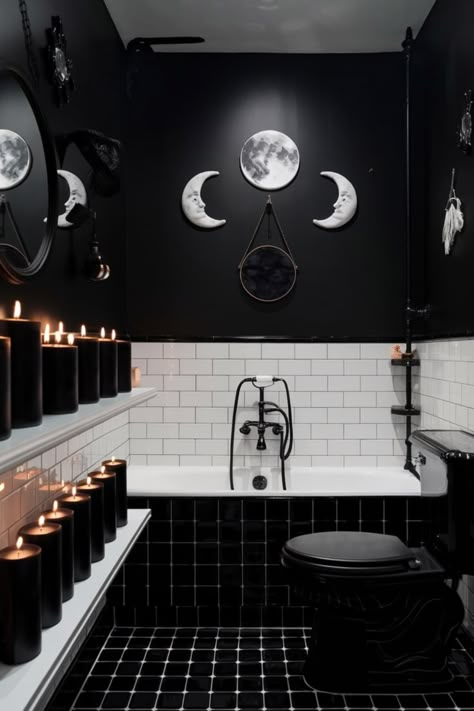 Transform your bathroom into a haven of mystique with witchy decor accents. Think dark elegance, shadowy tones, and magical elements like crystal displays and lunar mirrors for a truly enchanting ambiance. #WitchyBathroom #MysticalDecor #DarkElegance #EnchantedHome #GothicBathroom #WitchyVibes #BathroomTransformation #DarkAesthetic #BohoWitchDecor #MysticalSpaces White Gothic Bathroom, Tiny Black Bathroom, Small Gothic Bathroom Ideas, Witch Bathroom Decor, Goth Bathroom Ideas, Witchy Bathroom Ideas, Minimalist Goth Decor, House Ideas Bathroom, Gothic Bathroom Ideas