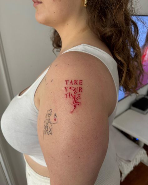 Take your time red ink melting lettering tattoo on girl’s arm Love Red Tattoo, Red Tattoo Quote, Melting Tattoo Ideas, Melting Font Tattoo, Red Ink Letter Tattoo, Red Ink Tattoos Words, Red Patch Work Tattoo, Melting Letters Tattoo, Melted Words Tattoo