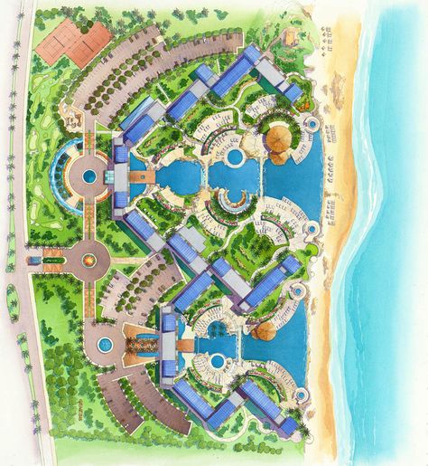 Resort Site Development Plan, Resort Site Plan Architecture, Resort Design Plan Layout, Hotel Site Plan, Resort Site Plan, Rendering Watercolor, Resort Planning, Resort Landscape, Beach Resort Design