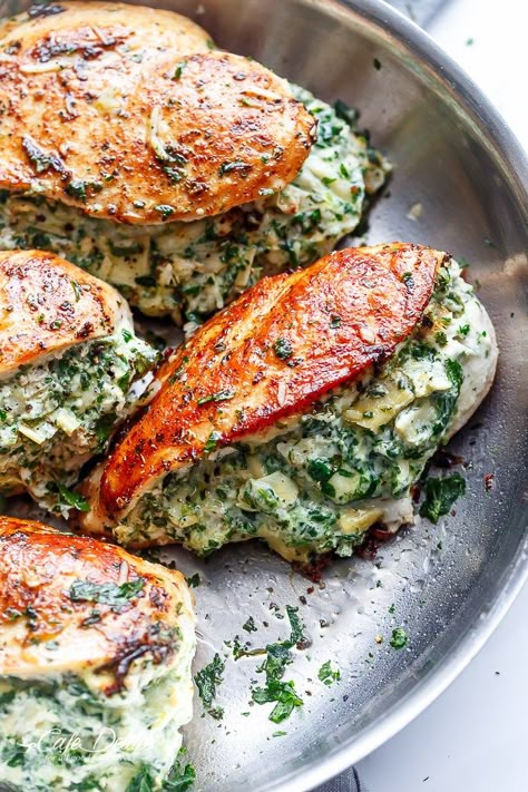 Spinach Artichoke Stuffed Chicken | http://cafedelites.com Spinach Artichoke Stuffed Chicken, Artichoke Stuffed Chicken, Artichoke Stuffed, India Food, God Mat, Stuffed Chicken, Spinach Artichoke, Idee Pasto Sano, Poultry Recipes