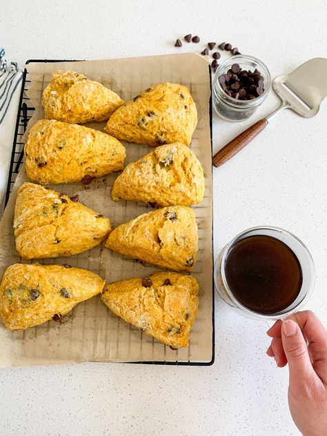 Easy Sourdough Pumpkin Scones with Chocolate Chips Cheddar Scones Recipe, Chocolate Chip Sourdough, Sourdough Pumpkin, Pumpkin Scones Recipe, Easy Sourdough, Scones Easy, Cheese Scones, Scones Ingredients, Savory Scones