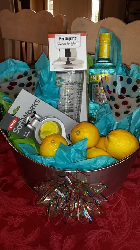 When Life Hands You Lemons... Just Add Vodka & Make Lemon Drops! - In a beverage tub, include a cocktail shaker, 2 martini glasses, a citrus squeezer, 1 bottle of vodka, & lots of fresh lemons! Vodka Gift Baskets, Alcohol Gift Baskets, Liquor Gift Baskets, Drinks Vodka, Fundraiser Baskets, Silent Auction Baskets, Vodka Gifts, Auction Basket, Liquor Gifts