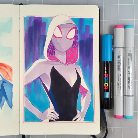 Spider Gwen Art, Image Spiderman, Copic Marker Art, Spiderman Drawing, Into The Spiderverse, Marvel Drawings, Posca Art, Ghost Spider, Marvel Fan Art