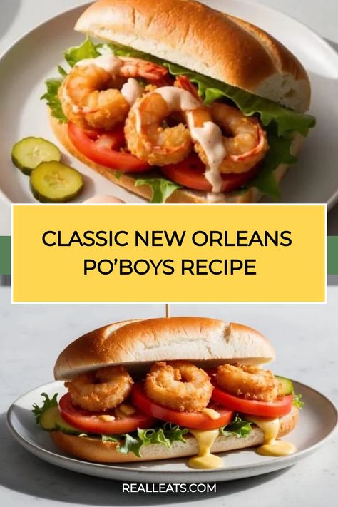 Shrimp po'boy sandwiches with lettuce, tomato, and sauce on a plate, accompanied by pickle slices. Shrimp Po'boy Recipe, Shrimp Po Boy Recipe, Crispy Fried Shrimp, Shrimp Remoulade, Creole Mustard, Shrimp Sandwich, Shrimp Po Boy, Remoulade Sauce, Pickle Slices