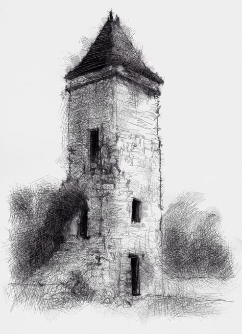 Old Tower Drawing, Old Buildings Drawings, Old Buildings Sketch, Old Architecture Drawing, Old Building Drawing, Old Building Sketch, Buildings Sketch Architecture, Tower Sketch, Tower Drawing