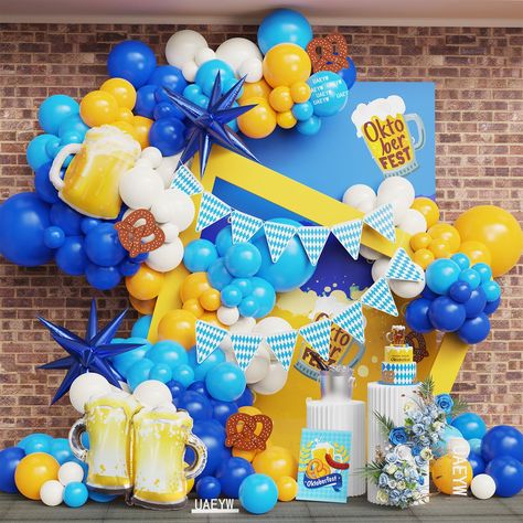 PRICES MAY VARY. 【What You Will Get】:36pcs mustard yellow balloons,31pcs light blue balloons,36pcs royal blue balloons,30pcs white balloons,2pcs explosion star foil balloon ,2pcs beer mug foil balloons,1pcs balloon arch strip tape,1 roll of 100 dot glue. 【Premium Materials】:Our Oktoberfest party balloons are made of natural latex, non-toxic. All materials are of high quality and good safety. Please be careful not to overinflate the balloons,or they will be pop and burst easily. 【Wide Application Oktoberfest Balloon Garland, Color Schemes For Birthday Party, Oktoberfest Balloons, Oktoberfest Birthday Party, German Themed Party, Festival Themed Birthday Party, Oktoberfest Centerpieces, Oktoberfest Party Decorations, German Festival