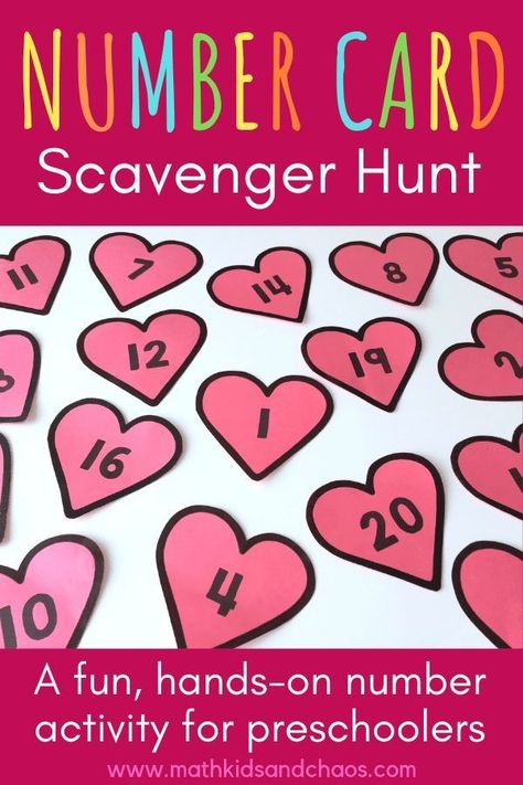 Number card scavenger hunt activity using the numbers 1 to 20.  A fun hands-on number activity for preschool and kindergarten age children. This simple math activity doesn’t require any writing – all you need are some number cards!  Great for developing number sense and practicing basic math skills like counting, number sequencing and number recognition. Click through to read more! #preschoolmath #counting  #preschoolactivities  #kindergartenmath #numbersense #mathkidsandchaos #numbersto20 Number Scavenger Hunt, Valentine Math Activities, Number Activities Preschool, Activity For Preschool, Number Activity, Math Valentines, Fun Math Activities, Math Problem Solving, Basic Math Skills