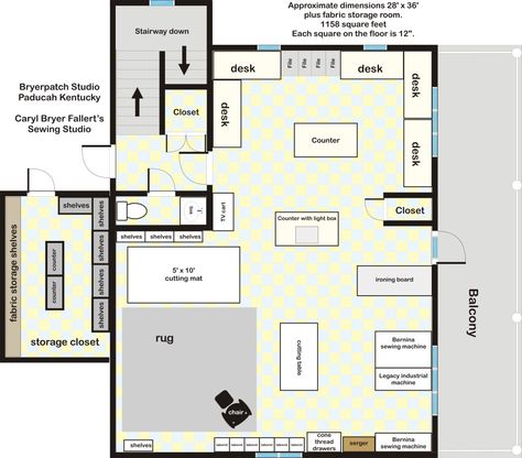 This is carol byert fallerts studio plans, i like the sitting area, sometimes you just need to think, or read, or look at reference books ds or a laptop.note open space around island work areas. Quilting Studio Sewing Spaces, Sewing Room Design Layout, Sewing Studio Layout, Studio Layouts, Sewing Studio Organization, Quilt Sewing Room, Studio Floor, Studio Layout, Sewing Spaces