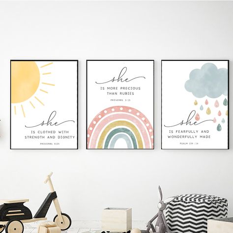 Bible Verses for Girl Nursery Decor, Printable Wall Art, Digital Download, WeatherPrints, Christian Nursery Decor, Kids Bible Verse Wall Art Christian Nursery Wall Art, Rainbow Baby Room, Bible Verses For Girls, Decorating Toddler Girls Room, Christian Canvas Art, Christian Nursery Decor, Christian Nursery, Baby Room Neutral