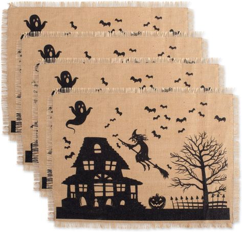 Burlap Halloween Placemats - Set of 4 #halloweenplacemats #burlapplacemats #halloweendecor #halloweendecorations #placemats #halloweenburlap #ad #diytabledecor #rustichalloween #halloweenfarmhouse #farmhousehalloween #halloweenpartydecor #halloweenparty Scary Movie Night, Burlap Kitchen, Horror Movie Night, Halloween Placemats, Table Halloween, Kitchen Placemats, House Print, Printed Table Runner, Gold Holiday