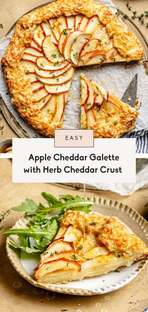 Sweet and savory apple cheddar galette with a crispy herb cheddar pie crust. Top with flaky sea salt, a drizzle of honey, and fresh thyme for a fun way to use up fall apples in an appetizer, snack, or easy brunch recipe. Fall Tart Recipes Savory, Apple Brie Galette, Fall Brunch Recipes Savory, Easy Fall Apps, Fall Appetizers Gluten Free, Fall Fruit Pie, Savory Galette Recipe, Savory Apple Appetizers, Fall Galette Recipe