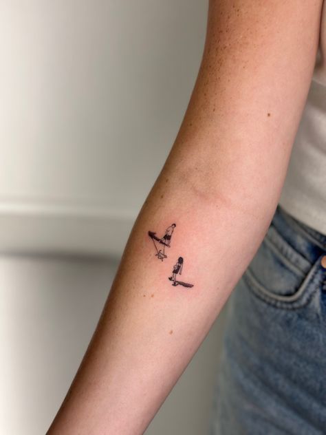 Fine Line Tattoo Of People, Microrealism Tattoo Ideas, Dog Tattoo Fine Line, Silly Small Tattoos, Tiny People Tattoo, Little People Tattoo, Dog Line Tattoo, Tiny Dog Tattoo, Fine Line Dog Tattoo