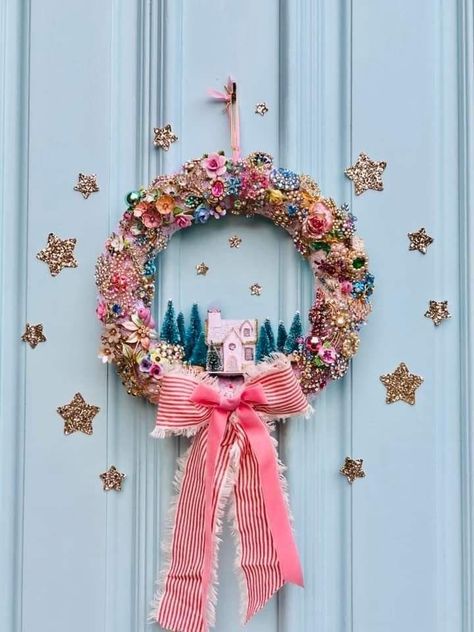 Unconventional Christmas Decor, Pastel Vintage Christmas, Whimsical Christmas Wreaths, Pastel Christmas Wreath, Diy Anthropologie Christmas, Anthro Inspired Christmas, Colorful Christmas Wreath, Kitchy Christmas, Pink Vintage Christmas