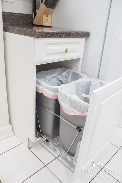 Turn an empty cabinet into DIY pull out trash cans in under an hour; so easy to do! Pull Out Trash Cans, Organiser Cucina, Trash Can Cabinet, Murphy Bed Plans, Small Kitchen Storage, New Kitchen Cabinets, Diy Cabinets, Kitchen Decorating, Kitchen Redo