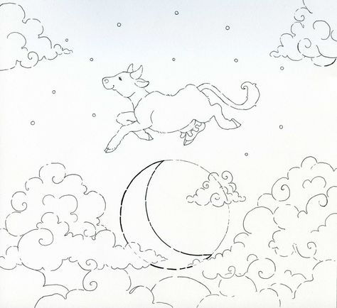 Cow Over Moon Tattoo, Cow Jumping Over The Moon Drawing, Cow Over The Moon, The Cow Jumped Over The Moon, Cow And Moon Tattoo, Cow Jumping Over The Moon, Cow Jumped Over The Moon Nursery, Cow Jumped Over The Moon, Cow Jumping Over The Moon Tattoo