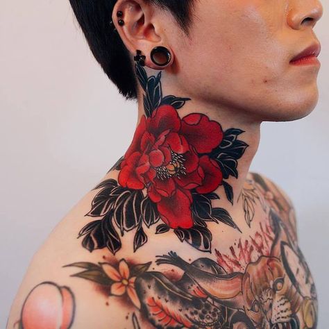 Flower Neck Tattoo, Red Flower Tattoos, Side Neck Tattoo, Peony Tattoo, Throat Tattoo, Neck Tattoos Women, Neck Tattoo For Guys, Peonies Tattoo, Red Tattoos