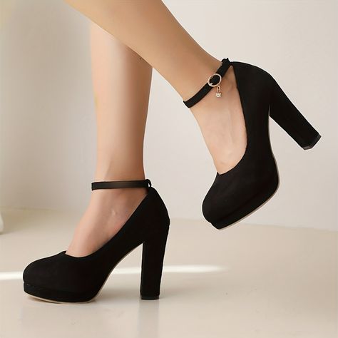 Cute Black Heels, Ankle Strap Chunky Heels, High Heels Black, Dress Heels, Blue Pumps, Chunky High Heels, Platform Heels Chunky, Strap Pumps, Prom Shoes