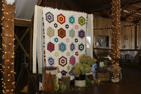 Family quilt used as ceremony backdrop. Photo by Wanda Hunt Quilt Photo Backdrop, Vintage Wedding Backdrop, Family Quilt, Reformation Day, Canyon Wedding, Barn Wedding Reception, Backdrop Photo, Wedding Quilt, Barn Weddings