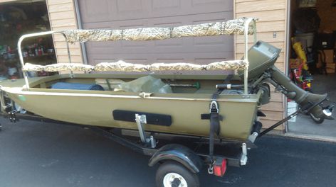 Jon Boat Duck Blind, Boat Modifications, Camo Stencil, Jon Boat Modifications, Boat Blinds, Duck Hunting Boat, Duck Boat Blind, Jon Boats, John Boats