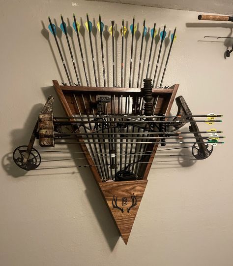 Custom wood bow and Arrow holder.   Holds 12 arrows and stores your bow so you can look at it year round!  Can have custom antlers engraved on front or leave it blank. Archery Decorations Ideas, Diy Bow Holder Archery, Hunting House Decor, Bow And Arrow Holder, Archery Bow Holder, Hunting Bow Holder, Wood Bow And Arrow, Compound Bow Holder, Arrow Holder