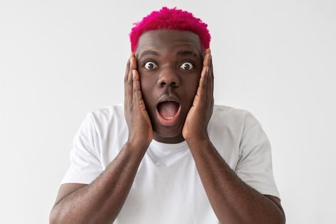 Shocked black man omg wow unbelievable i... | Premium Photo #Freepik #photo #black-man #african-man #black-guy #male-model Shocked Black Man, Guy With Pink Hair, Guys With Pink Hair, Omg Wow, Black Guy, Man Black, Black Man, Premium Photo, Pink Hair