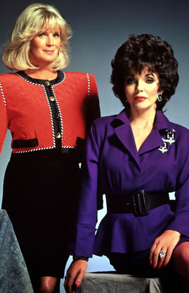 shoulder pads, big hair 1980s Hairstyles, Jeff Colby, Dynasty Tv Show, Alexis Carrington, Dame Joan Collins, Linda Evans, 1980s Women, Joan Collins, 1980s Fashion