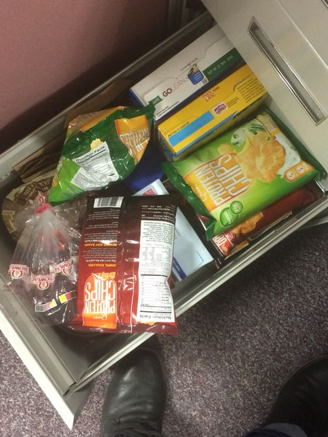 Healthy snack drawer at work, sort of LOL Snack Drawer In Office, Healthy Desk Snacks The Office, Healthy Work Snacks Desk, Desk Snacks Drawer Healthy, Healthy Snack Drawer Work, Healthy Snack Drawer, Office Snacks, Healthy Work Snacks, Snacks For Work