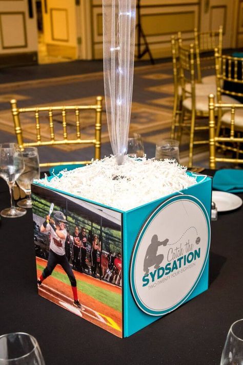 Photo Cube Centerpiece, Decorating With Photos, Cube Centerpiece, Photo Cube, Bat Mitzvah Party, Photo Cubes, Softball Bat, 50th Birthday Party, 80th Birthday