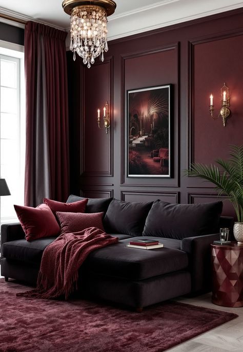 Dark Grey Couch Living Room Dark Maroon Living Room, Dark Plum Living Room, Grey Couch Cozy Living Room, Dark Maroon Room, Maroon Interior Design, Dark Colour Sofa, Dark Grey Sofa Living Room Accent Colors, Dark Aesthetic Living Room Ideas, Big Living Room Wall Decor Ideas