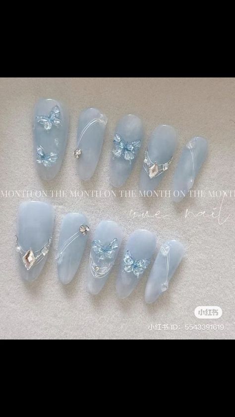 Xv Nails Blue, Manhwa Nails, Butterfly Blue Nails, Butterfly Nails Design, Blue Butterfly Nails, Nails Long Almond, Nails Space, Blue Press On Nails, Quinceanera Nails