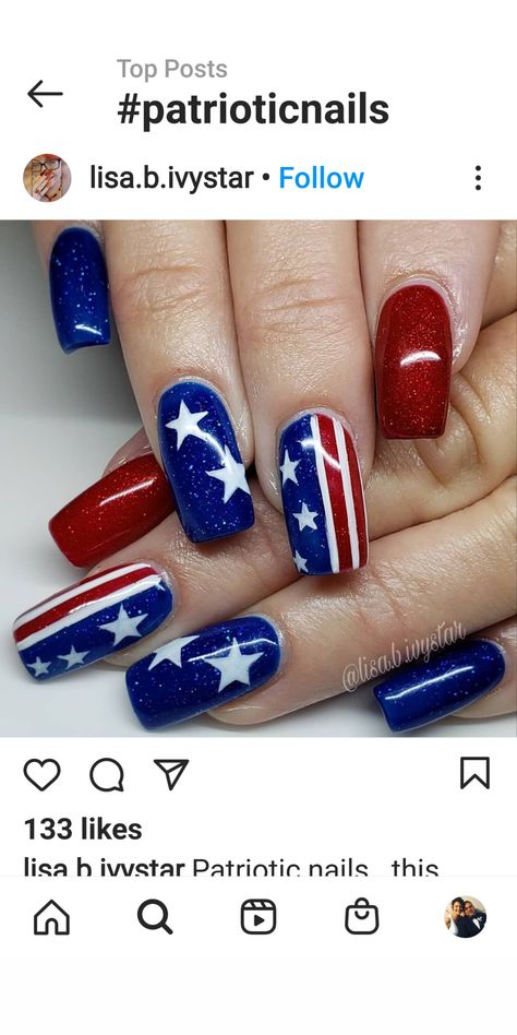 Glitter Fourth Of July Nails, 4th July Nails Design, July 4 Nail Design, Nail Designs 4th Of July, Fourth Of July Nails Designs, Saints Nails, Nails Patriotic, Mani Designs, 4th Of July Nail Designs