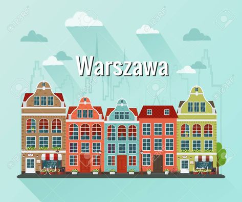 Poland Cities, Flat Design Illustration, City Illustration, Warsaw Poland, Vector Illustration Design, Illustration Vector, Warsaw, Flat Design, Old Houses