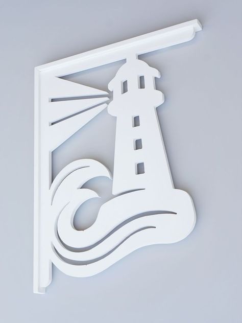 Lighthouse Decorative Bracket #Boating #Brackets #Coastal Lighthouse Mailbox, Woodcraft Projects, Shelves Brackets, Porch Brackets, Lighthouse Decor, Metal Welcome Sign, Nautical Prints, Nautical Bathroom Decor, Wallpaper Shelves