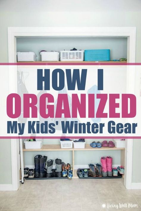 Having a tough time getting your kids' winter gear organized this season? Check out how we organized our family coat closet to neatly fit our four children's winter wear. Plus two essential tips for successful organizing with kids you won't want to miss! Mudroom Winter Gear Storage, Winter Gear Storage Small Space, Snow Clothes Organization, Organizing Winter Gear, Winter Accessories Storage, Winter Gear Storage, Winter Gear Organization, Winter Clothes Organization, Simple Closet Organization