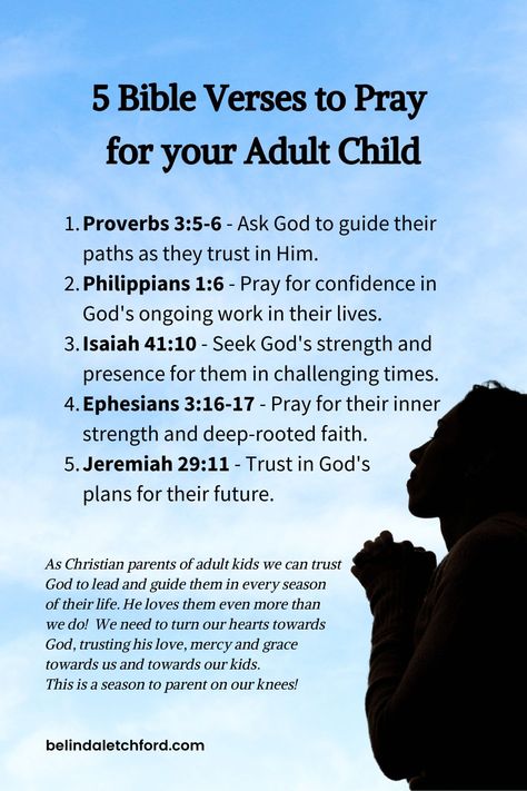 Is it just me or do you feel like your prayer life has doubled since your kids became adults?  As our children grow and face new challenges, praying really is the only thing we can do - as we certainly can't boss them around!   🙏 What Bible Verses do you pray for your adult kids?  Follow me for more heart-focused, faith-based parenting support.   #IntentionalParenting #PrayerWorks #FaithfulParenting #TrustingGod Prayer For Adult Children, Prayer For Daughter, Parenting Support, Praying For Your Children, Prayer For My Children, God's Plans, Gods Strength, Intentional Parenting, Spiritual Prayers