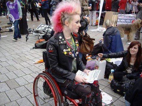 Aesthetic Mobility Aid, Wheelchair Decorations, Cripple Punk, Disabled Fashion, Alt Subcultures, Punk Fashion Diy, Wheelchair Fashion, Wheelchair Women, Models To Draw