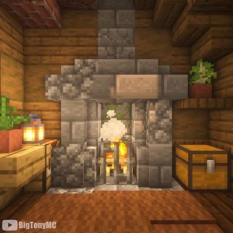 Mincraft Idea Bedroom Cottage, Minecraft Cabin Living Room, Minecraft Fireplace Cottage, Cozy Minecraft Cottage Interior, Minecraft Living Room Cottage, Minecraft Interior Ideas Cottage, Minecraft Medieval Fireplace, Tiny Minecraft Home, Living Room Minecraft Cottage