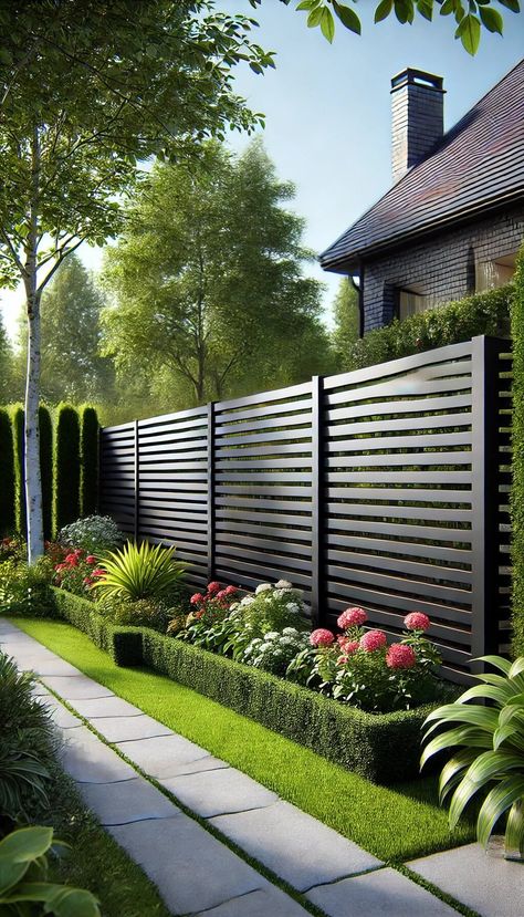 15 Affordable Horizontal Fence Ideas for a Chic Outdoor Space 20 Front Garden Fence Ideas, Horizontal Fence Ideas, Horizontal Fences, Horizontal Fencing, Garden Fence Panels, Horizontal Fence, Brady Bunch, Front Yard Fence, Fence Landscaping