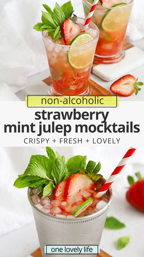 These Virgin Strawberry Mint Juleps are great for a Kentucky Derby party with kids or make the perfect drink for a casual summer barbecue. Mint Julep Mocktails // Strawberry Mint Julep // Disneyland Mint Julep // Disney Mint Julep // Non-alcholic Mint Julep #julep #mintjulep #mocktail #nonalcoholic Mint Julep Recipe Kentucky Derby, Coffee Concoctions, Kentucky Derby Drinks, Kentucky Derby Food, Kentucky Derby Theme, Kentucky Derby Themed Party, Derby Party Food, Kentucky Derby Party Decorations, Julep Recipe