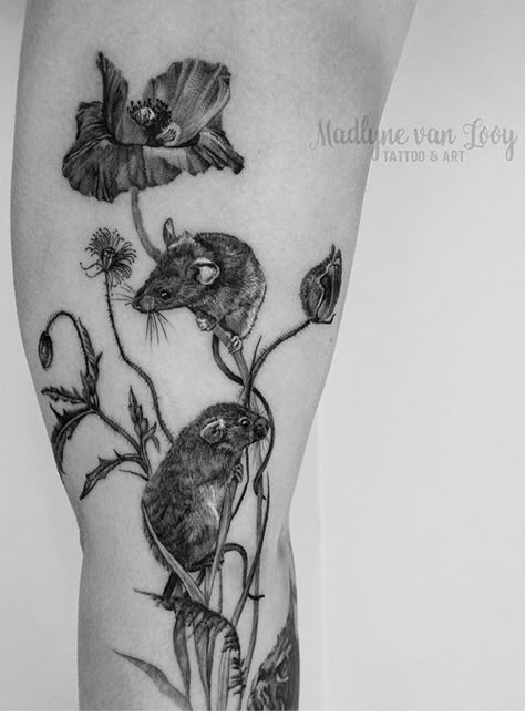 Mice Tattoo, Traditional Tattoo Black And Grey, Tattoo Fixes, Field Mice, Rat Tattoo, Native Tattoos, Mouse Tattoos, Wildflower Tattoo, Special Tattoos