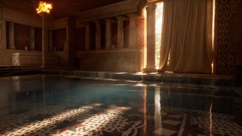 ArtStation - BathHouse Roman Baths Aesthetic, Medieval Bathhouse, Greek Bathhouse, Bathhouse Aesthetic, Bathhouse Art, Roman Bathhouse, Fancy Bath, Pomegranate Wine, Fantasy Settings