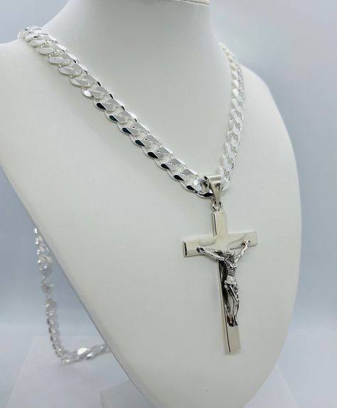 Large Crucifix 925 Sterling Silver with Cuban curb link Cross Necklace Men's chain 30", 36" or 40" Great for priests Catholic Jewelry by JewelrymineUSA on Etsy Silver Cross Chain For Men, Emma Myers, Silver Chain For Men, Catholic Jewelry, Necklace Men, Cross Chain, Silver Chains, Silver Anklets, Sterling Silver Mens