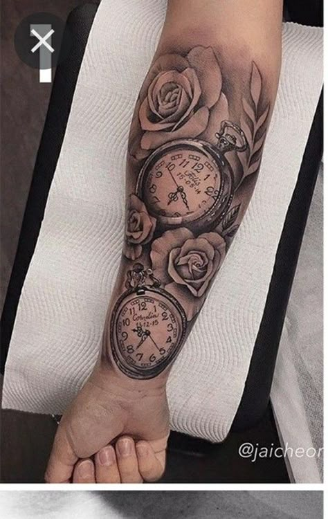 2 Pocket Watch Tattoo Design, Stop Watch Tattoo For Women, Stop Watch Tattoo, Forearm Name Tattoos, Pocket Watch Tattoo Design, Arm Cover Up Tattoos, Clock And Rose Tattoo, Watch Tattoo Design, Minimal Tattoo Designs