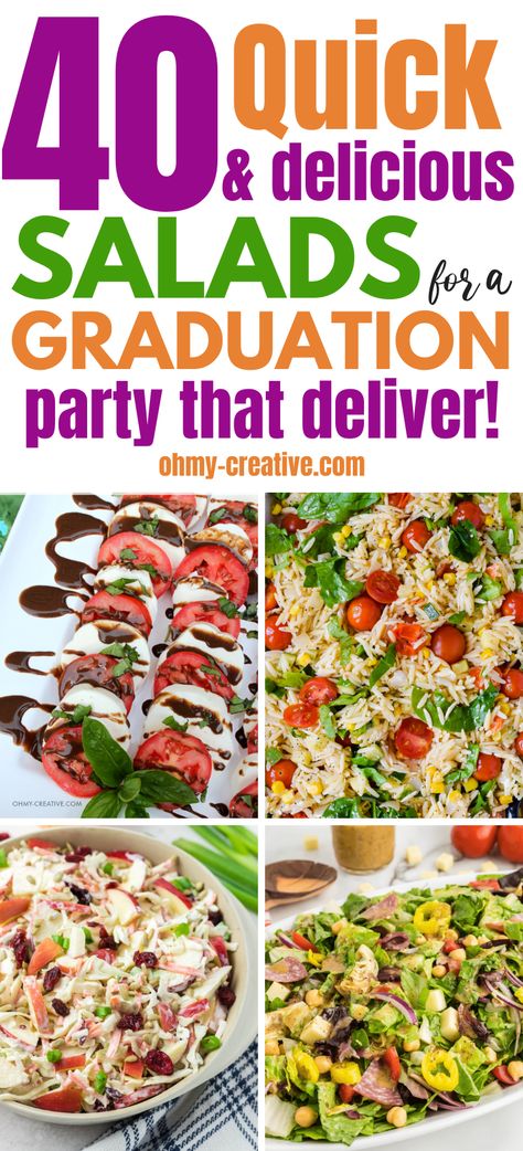 When you need to feed a crowd, make a salad. These easy salads for graduation party are tasty, easy, and affordable! Add this to your favorite Graduation Party Ideas. Graduation Salad Ideas, Salad For Party Ideas, Salad Party Ideas, Salad Bar Ideas Party, Party Salads For A Crowd, Graduation Party Menu Ideas, Party Candy Bar Ideas, Graduation Party Candy Bar, Graduation Gift Ideas For Daughter