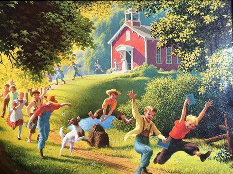 School's Out!   Paul Detlefsen, artist Paul Detlefsen, Hill Illustration, Hollywood Scenes, American Gallery, Americana Art, Large Art Prints, Kids Running, Popular Art, Art Institute Of Chicago