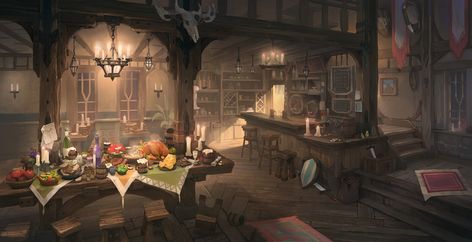 Medieval bar background concept art, Jeon Hyun ho on ArtStation at https://www.artstation.com/artwork/4bNlJW Medieval Bar, Concept Art Landscape, Bar Background, Interior Concept Art, Adventurer's Guild, Dnd Backgrounds, City Artwork, Medieval Houses, Fantasy Background