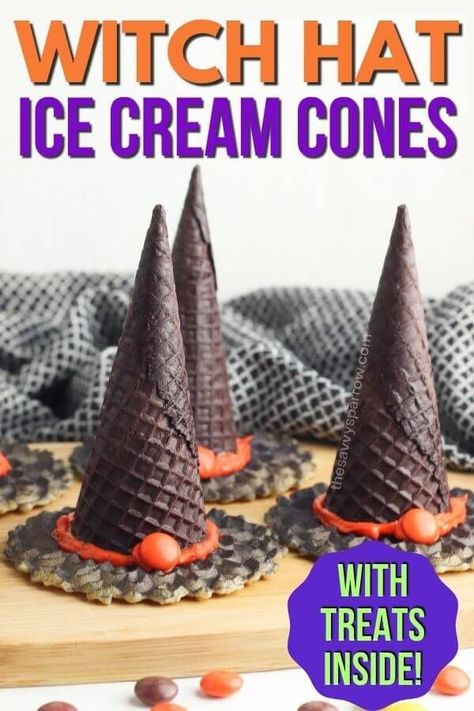 Looking for easy Halloween treats for kids classroom parties or fun snacks? Make these cute witch hat ice cream cones with candy inside! Learn how to make the cutest black witch hat cones in just a few steps, and get ideas for what kinds of candy and treats to put inside these easy Halloween desserts for kids! Make Witch Hat, Bake Halloween Treats, No Bake Halloween Treats, Easy Halloween Treats For Kids, Easy Halloween Treats, Black Ice Cream, Halloween Ice Cream, Easy Halloween Snacks, Treats For Kids