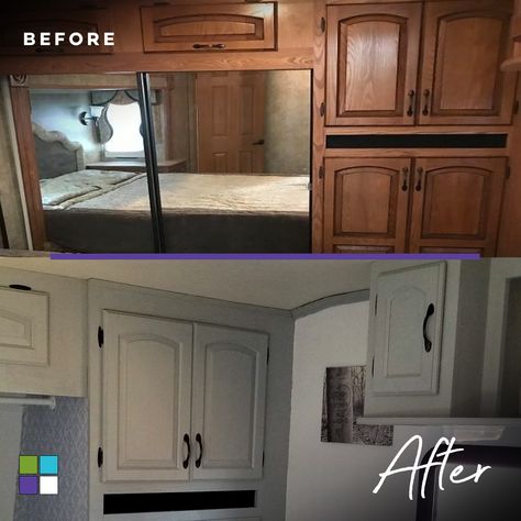 Old and outdated RV? Meet Beyond Paint! We absolutely love how this project turned out for @our.rv.journey ❤️Don't forget to tag us with #beyondpaintdiy to be featured on our page! Paint Trailer Cabinets, Beyond Paint Cabinets, How To Paint Camper Cabinets, Beyond Paint Countertop, Paint Rv Cabinets, How To Paint Rv Cabinets Without Sanding, How To Sand Cabinets Before Painting, Paint Cabinets, Beyond Paint